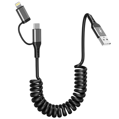 Dual-Connector USB to USB-C and Lightning Coiled Charger Cable – 2-in-1 MFi Certified Fast Charging & Data Syncing Cord for i Phone 16/15/14/13, i Pad & Android Devices – Optimal Performance for Apple Car Play & Android Auto