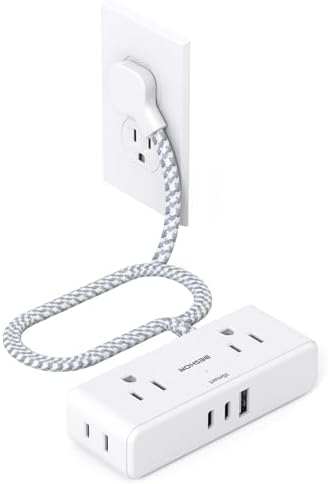 BESHON 10 ft Flat Plug Extension Cord with 4 Wide Outlets & 3 USB Ports (2 USB-C) – Versatile Power Strip for Home, Office & Dorm – Space-Saving Design with Surge Protection & Fast Charging Capabilities