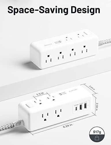 ELEGRP Surge Protector Power Strip with 3 AC Outlets & 3 USB Ports – 65 W Fast Charging USB-C Extension Cord, 5 FT Versatile Charging Station for Home and Office, Compact Design for Safe Device Protection