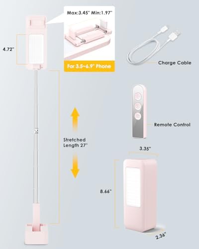 Phone Stand for Recording, Overhead Phone Mount with Light, Selfie Stand,Portable,Extendable,360° Rotate,Adjustable,Wireless Remote,Rechargeable, for 3.5-6.9″ Phones, Live Streaming, White – Enhanced Compatibility and Speed