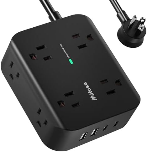 MIFASOPOWER Surge Protector Power Strip – 8 Wide Outlet Charging Station with 4 USB Ports (Including USB-C) and 5 FT Heavy-Duty Extension Cord – Space-Saving Flat Plug Design for Home, Dorm, or Office – Overload Protection & Wall-Mountable Convenience