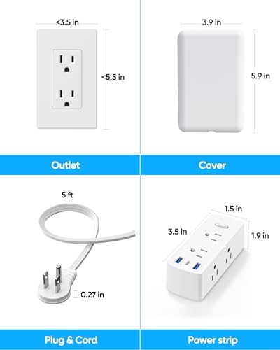 Olcorife Slim Profile Flat Extension Cord Power Strip with 6 Versatile Outlets and 3 Fast-Charging USB Ports, 2000 Joules Surge Protection, 5 FT Space-Saving Cord for Organized Power Solutions in Tight Spaces and Modern Environments