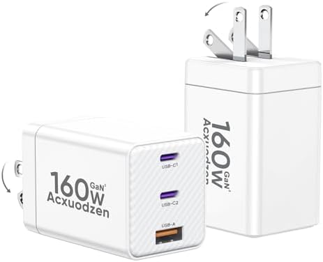 High-Power 160 W Ga N USB-C Charger Block – Versatile 3-Port Fast Charging Hub for Mac Book, i Phone, Samsung Galaxy & More – Dual 65 W Output with QC3.0 for Rapid Device Charging – Compact Foldable Design Ideal for Travel & Home Use – Ultimate Universal Compatibility in Modern White Finish