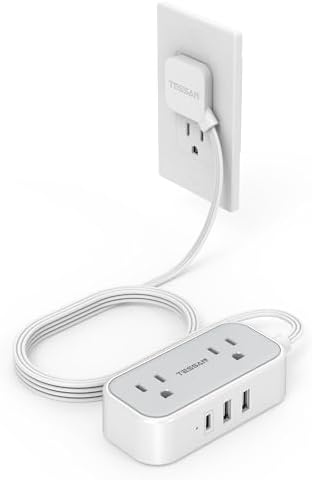 TESSAN 10 FT Flat Plug Extension Cord – Compact Power Strip with 3 Fast-Charging USB Ports (1 USB-C) & 2 AC Outlets – Ideal Multi-Device Charging Station for Dorm Rooms, Home Offices, and Cruise Travel – Sleek Gray Design for Space Efficiency and Modern Aesthetics