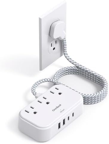 Optimize Your Travel Experience with One Beat Power Strip: 5 Ft Flat Extension Cord Featuring 3 AC Outlets & 4 USB Ports (2 USB-C) – Ideal for Cruise Ships, Dorm Rooms, and On-the-Go Charging – Compact, Non-Surge Protector Design for Enhanced Compatibility & Rapid Device Charging