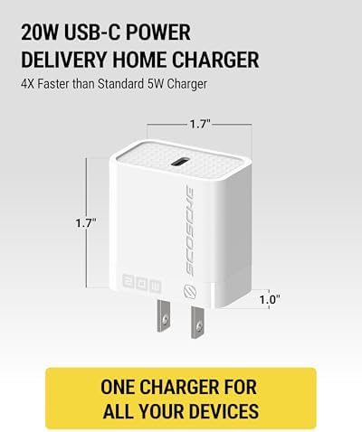 Scosche SHPDC20 20 W USB-C Fast Charging Wall Charger with 4 FT USB-C to Lightning Cable – Universal Compatibility for i Phone 12-16, i Pad, and Type-C Android Devices – Compact and Durable Power Solution for Home and Travel