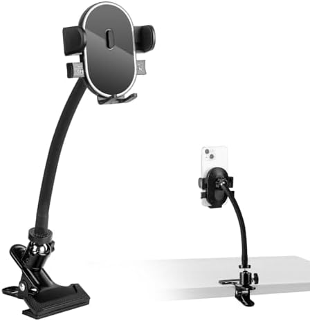 Versatile 360° Gooseneck Clip Phone Holder with Auto-Locking Clamp – Adjustable Arm Lengths for Desk, Treadmill, and Mic Stand – Securely Fits 4-7″ Smartphones for Ultimate Hands-Free Convenience and Enhanced Productivity