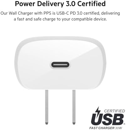 Belkin 30 W USB-C Fast Charger Block with USB-C to C Cable – Ultra-Fast Power Delivery 3.0 for i Phone 16, Samsung Galaxy S25, Google Pixel, Nintendo Switch 2 & More – Sleek White Design for Optimal Travel Convenience – PPS & USB-IF Certified for Reliable Charging Performance – Enhance Your Device’s Lifespan with Smart Power Regulation