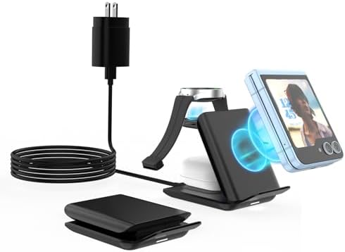 Portable 2-in-1 Fast Charging Station for Samsung Galaxy Z Flip Series – Foldable Wireless Charger with Enhanced Compatibility for Galaxy S, Note, and Watch – Ideal Travel Companion with Adapter Included – Sleek Black Design for Effortless Power on the Go