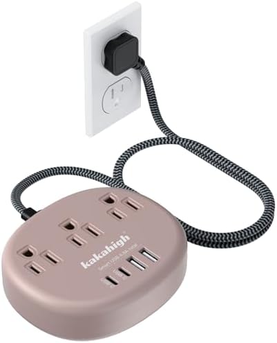 Stylish Brown Extension Cord with 1080 J Surge Protection – 5 FT Flat Braided Design Featuring 3 AC Outlets & 4 USB Ports (24 W/4.8 A) for Fast Charging – Ideal Tan Desk Accessory for Powering Devices Safely & Efficiently