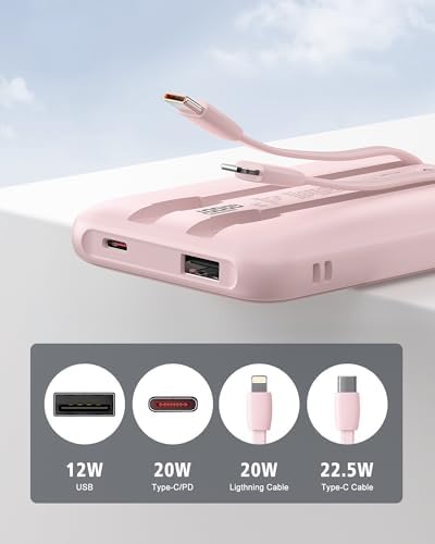 10000 m Ah Portable Power Bank with Built-in Cable – 22.5 W PD Fast Charging, Compact & Lightweight Charger for Apple, Samsung, Google, Motorola – Sleek Grey Design for On-the-Go Convenience and Enhanced Compatibility