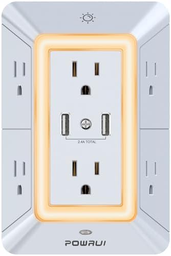 POWRUI 6-Outlet USB Wall Charger with Night Light – Versatile Surge Protector Power Strip Featuring 3 USB Ports (1 USB-C) for Fast Charging, 3-Sided Design for Space Efficiency, ETL Listed for Enhanced Safety and Reliability in Black