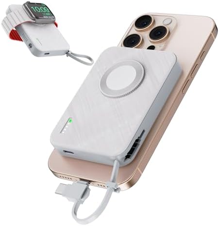 PZOZ 5000 m Ah Wireless Power Bank with Built-in Lightning & Type C Cables – Fast Charging Apple Watch & i Phone 15/14/13 Travel Charger – Magnetic Design for Effortless Portability – Ultimate Compatibility & Speed for On-the-Go Charging