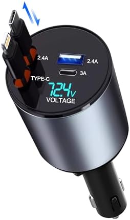 Fast Charge 4-in-1 Retractable USB C Car Charger Adapter – 100 W Power Delivery for i Phone 15 Pro Max, 14, 13, 12 – Tangle-Free Convenience, Enhanced Compatibility, and Safety Features – Ideal for Road Trips and Family Adventures