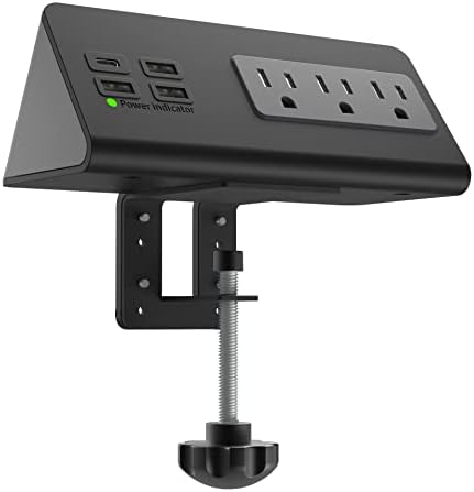 Edge Mount Power Strip with USB-C & AC Outlets – 3 AC Sockets and 4 Fast-Charging USB Ports for Home, Office, and Dorm – Desk Clamp Surge Protector, Compact Design for Enhanced Convenience and Safety – Black (2-Pack)