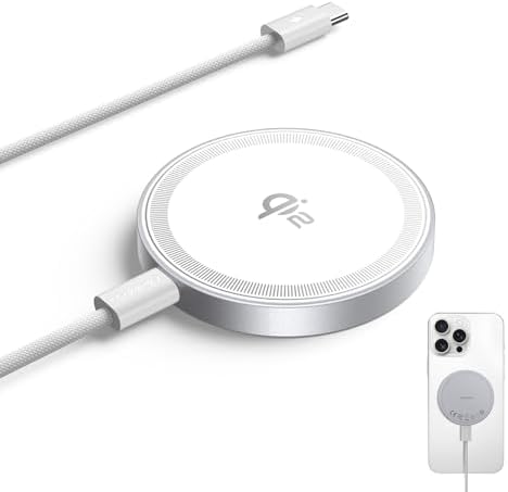 THREEKEY Mag Safe Wireless Charger – 15 W Qi2 Fast Charging Pad with Dual-Sided Magnetic Grip for i Phone 12-16 Series & Galaxy S25 Ultra – Includes 5 FT USB-C Cable – Sleek White Design for Effortless Power and Enhanced Compatibility