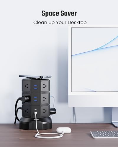 Elevate Your Charging Solutions with the SUPERDANNY Power Strip Tower – 15 W Wireless Charger and 1050 J Surge Protector with 12 AC Outlets, 6 USB Ports (Including 2 USB-C) and 6.5 ft Extension Cord – Ideal for Home Office Organization and Efficient Device Management with Elegant Wood Grain Finish