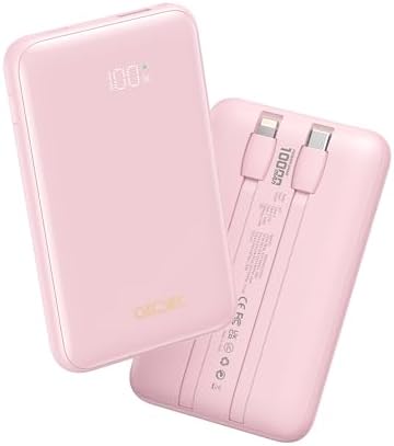 10000 m Ah Portable Power Bank with Built-in Cable – 22.5 W PD Fast Charging, Compact & Lightweight Charger for Apple, Samsung, Google, Motorola – Sleek Grey Design for On-the-Go Convenience and Enhanced Compatibility