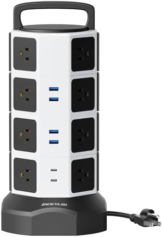 JACKYLED Power Strip Tower Surge Protector with 12 Outlets and 6 USB Ports (2 USB-C) – High-Speed Charging Station with 1050 Joules Protection, 1625 Watts, 6.5 ft Extension Cord for Enhanced Home Office Efficiency and Device Safety