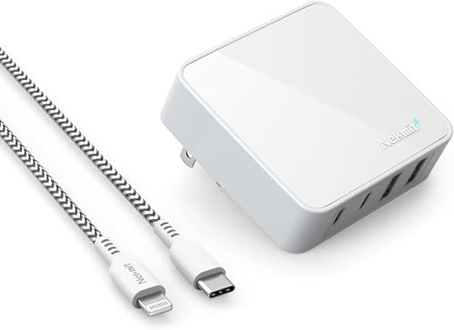 Nekmit 52 W 4-Port USB C Fast Wall Charger – Ultra-Slim Type-C Charging Station with Dual 20 W PD 3.0 Ports & 2 USB Ports for i Phone 14/14 Pro/Pro Max, i Pad Pro, Galaxy, and More – Efficient Multi-Device Charging Solution for Home & Travel