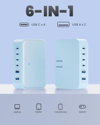 200 W USB C Charging Hub with 6 Ports – Ga N IV Foldable Wall Charger for Rapid Device Power-Up, PD 65 W Laptop Charger for Mac Book Pro, Dell, i Phone 16/15, i Pad, Galaxy & Steam Deck – Compact & Travel-Friendly Fast Charging Solution