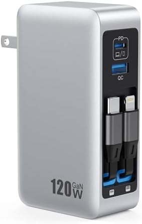 120 W Ga N IV USB-C Charger Station with Dual Retractable Cables – Fast Charging Wall Adapter for Mac Book, i Pad, i Phone 16/15/14, Galaxy S24 & Android Devices – Compact 4-in-1 Foldable Design for Effortless Travel and Enhanced Compatibility