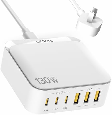 130 W Multi-Port USB C Charger Block with Fast Wall Charging – 6 Ports Including PD 45 W & Dual PD 20 W, 3 USB-A & 3 USB-C, QC, PPS Technology, 6 ft Cord – Ideal for i Phone, Galaxy, Pixel, Mac Book, i Pad Pro – Ultimate Efficiency and Versatile Compatibility