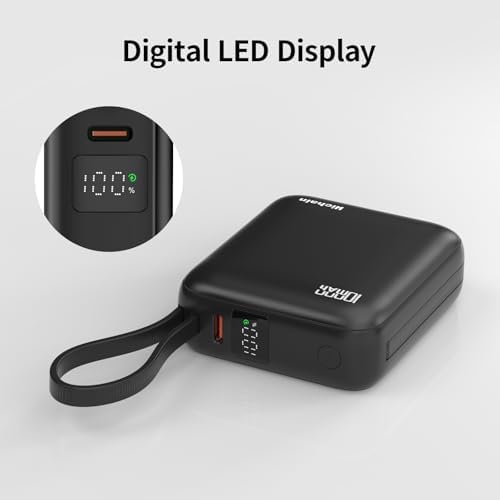 Sleek Gold Portable Power Bank with Built-in Cables and LED Battery Indicator – 10,000 m Ah USB-C Fast Charging Power Pack for i Phone, i Pad, Samsung, and Android Devices – Essential Travel Charger with Intelligent Safety Technology for Ultimate On-the-Go Convenience