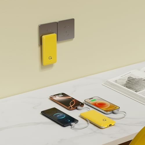 Ultimate Q 10000 m Ah Slim Power Bank with Built-in AC Plug – Ultra-Portable Charger for i Phone, Samsung, Android & Tablets – Four Output Ports for Simultaneous Charging, Includes Micro USB & USB-C Cables – Experience Enhanced Compatibility & Rapid Power on the Go
