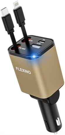 Premium Flexino Compact Retractable Car Charger for i Phone 16 – 69 W Fast Charging with Dual 2.6 ft USB C Cords | Efficient Power Adapter Compatible with i Phone 16/15/14/13/12 Series & Galaxy Devices | Sleek Grey Design for Ultimate Portability and Reduced Cable Clutter