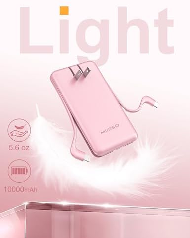miisso Ultra Slim 10000 m Ah Portable Power Bank with Built-in Cables and Foldable Wall Plug – Compact USB-C Charger for i Phone, Samsung, i Pad & More – Perfect Travel Companion for On-the-Go Charging Efficiency