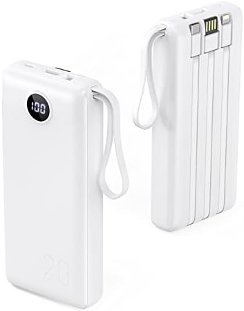 Ultimate 20000 m Ah VRURC Portable Charger with Built-in Cables – Fast Charging Power Bank for Travel, PD & QC 3.0 Compatible, 4 Output Ports & Dual Input, Ideal for i Phone, Samsung, Android Devices – Compact & Durable Battery Pack for On-the-Go Power