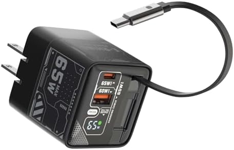 Rapid Charge 65 W Ga N Dual Port Charger with Retractable Type-C Cable – Travel-Friendly USB-C & USB-A Power Adapter for i Phone, i Pad, Mac Book, Samsung Galaxy and More – Enhanced Efficiency & Versatility in Sleek Black Design