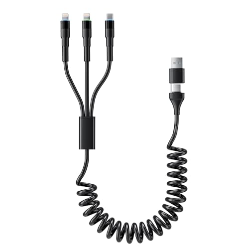 Versatile 5-in-1 Coiled Charging Cable – MFi Certified USB A/USB C to Lightning, Type-C & Micro USB – Tangle-Free Design for Car & Home – Fast 2.4 A Charging Speed for Seamless Data Transfer & Compatibility with Apple Devices – Ideal for Professionals & Families