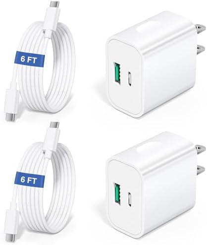 20 W Dual-Port USB C Charger Block 2-Pack with 6 FT Cables – Rapid Power Delivery for i Phone 16/15 Pro Max & Galaxy Series – Fast Charge Anywhere with Enhanced Safety Features and Portable Design