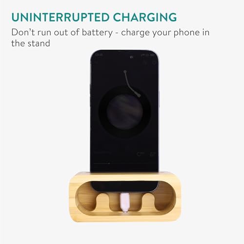 Navaris Bamboo Phone Stand – Bamboo Phone Stand for Desk – Enhanced Sound with Built-in Amplifier – Portable Bamboo Cell Phone Holder Charging Dock for Kitchen Office Bedside – Enhanced Compatibility and Speed