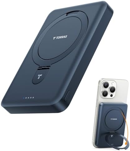 TORRAS Magnetic 10000 m Ah Portable Power Bank – Ultra-Slim Wireless Charger for i Phone with Fast Charging & Integrated O-Stand, Compatible with Mag Safe, 16 Pro Max, Pro, 15, 14, 13, 12 – Essential Travel Companion for Effortless Connectivity