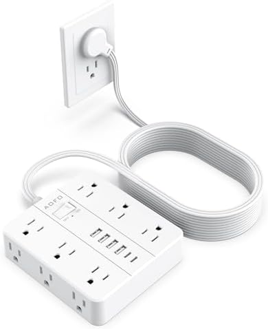 Maximize Your Charging Potential with AOFO 5 Ft Flat Plug Power Strip: 12 Outlet Surge Protector & 6 USB Ports (4 USB-A, 2 USB-C) for Home, Office, and Dorm Use – Reliable, Safe, and Space-Saving Design for All Your Devices