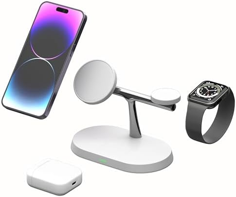 Nord Tech 3-in-1 Magnetic Wireless Charger – Streamlined Fast Charging Dock for i Phone, Air Pods & Apple Watch, 15 W Power Delivery, Minimalist White Design, Ideal Desk & Nightstand Accessory, Effortless Device Alignment, Standby Mode for Notifications, Enhanced Compatibility & Aesthetics