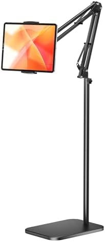 Adjustable Tablet Floor Stand with 4.5 LB Heavy Metal Base – Universal Phone Mount for i Pad, i Phone Pro, Samsung Galaxy Tab & E-Readers – Ergonomic Height & Angle Adjustment for Hands-Free Viewing & Enhanced Comfort