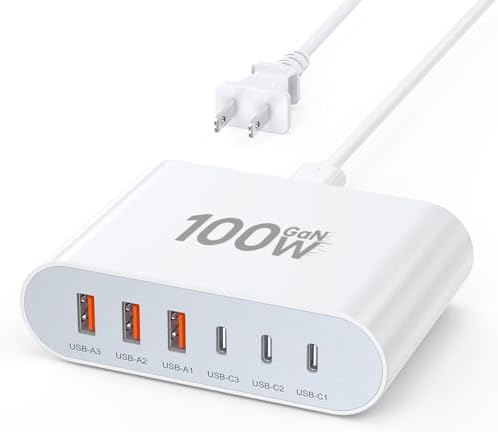 Ultra-Fast 100 W Ga N USB-C Charging Station with 6 Ports – Compact Wall Adapter for i Phone 16/15/14/13 Pro Max, i Pad, Samsung, Pixel, LG – High-Speed Multi-Device Charger with Smart Safety Features – Travel-Friendly Power Hub for Effortless Charging
