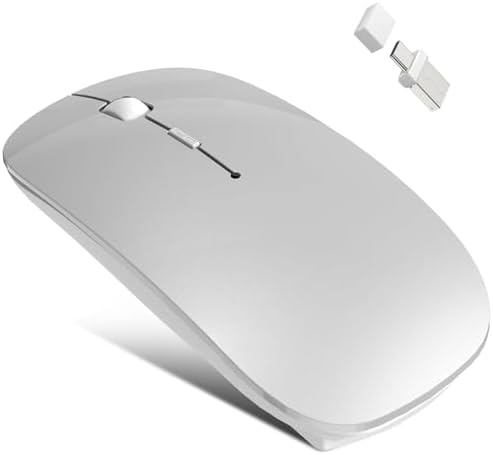 Sleek Silver Bluetooth Wireless Mouse for Mac Book Air & Pro – Ergonomic, Rechargeable, and Silent Tri-Mode Connectivity (2.4 G USB-C/USB-A, Bluetooth 5.2/3.0) for Ultimate Productivity on the Go