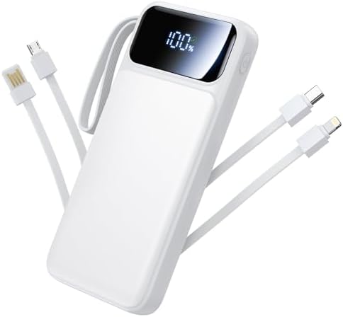 Ultra-Slim 10000 m Ah Power Bank with Built-In Cable – 22.5 W Fast Charging Portable Charger for i Phone, Samsung, Pixel & More – 6 Outputs, 3 Inputs, LED Battery Indicator – Essential Travel Companion for Busy Lifestyles