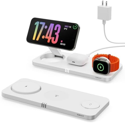 Ultimate 3 in 1 Wireless Charging Station for Apple Devices – Foldable Magnetic Charger Stand for i Phone 16/15/14/13/12 Pro Max, i Watch S10/Ultra – S2, and Air Pods 4/Pro/3/2 (White) – Fast, Safe, and Travel-Friendly Power Solution