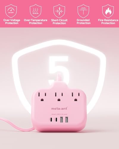 Stylish Brown Travel Power Strip with 5 Ft Cord – Compact Extension Solution Featuring 3 AC Outlets & 4 USB Ports (2 USB-C) for Rapid Charging – Ideal Desk Accessory for Tan Wood and Walnut Grain Décor – Maximize Functionality & Aesthetics in Any Space