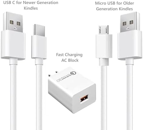 Ultimate 6 Ft 3-in-1 Charging Set: Fast Charging Micro USB & USB C Cable with AC Wall Adapter for All Kindle Models Including Paperwhite, Oasis, Fire HD & Scribe – Enhanced Durability and Rapid Power Delivery for Uninterrupted Reading Experience