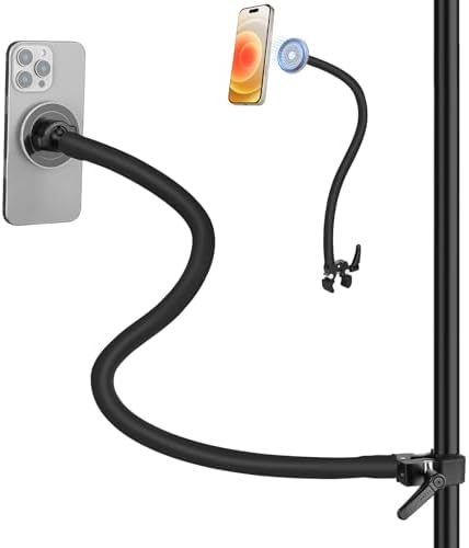 Magnetic Gooseneck Phone Holder for Mic Stand/Music Stand/Treadmill/Spin Bike,19.7″ / 50 cm Long Gooseneck Arm Super Crab Clamp iPhone Mount,Compatible with iPhone 12/13/14/15/16 Android Cellphone – Enhanced Compatibility and Speed