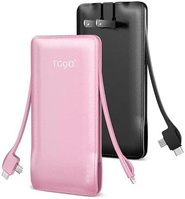 TG90° Dual Pack Slim 10000 m Ah Portable Charger with Built-in Cables – Fast Charging Power Bank for i Phone & Android Devices, 4 Outputs for Simultaneous Device Charging, Ideal Travel Companion for On-the-Go Connectivity