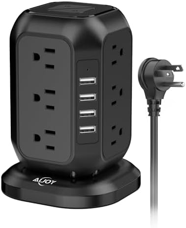 Ultimate Power Strip Tower with USB Ports – Ai Joy 12 AC Outlet Surge Protector and 4 USB Charging Station with 10 Ft Extension Cord, Overload Protection for Home, Office, and Dorm Use – Space-Saving Design for Enhanced Device Compatibility and Fast Charging