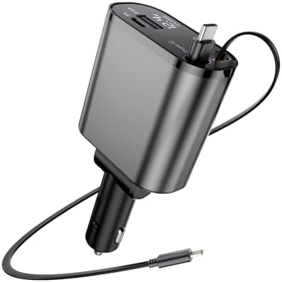 Dual Retractable Car Charger with 100 W Fast Charging – Versatile 4-in-1 Type-C and Lightning Cables with Voltage Display for i Phone 16/15/14/13/12 Pro Max and Samsung – Compact Design for Effortless Storage and Rapid Power Boosting